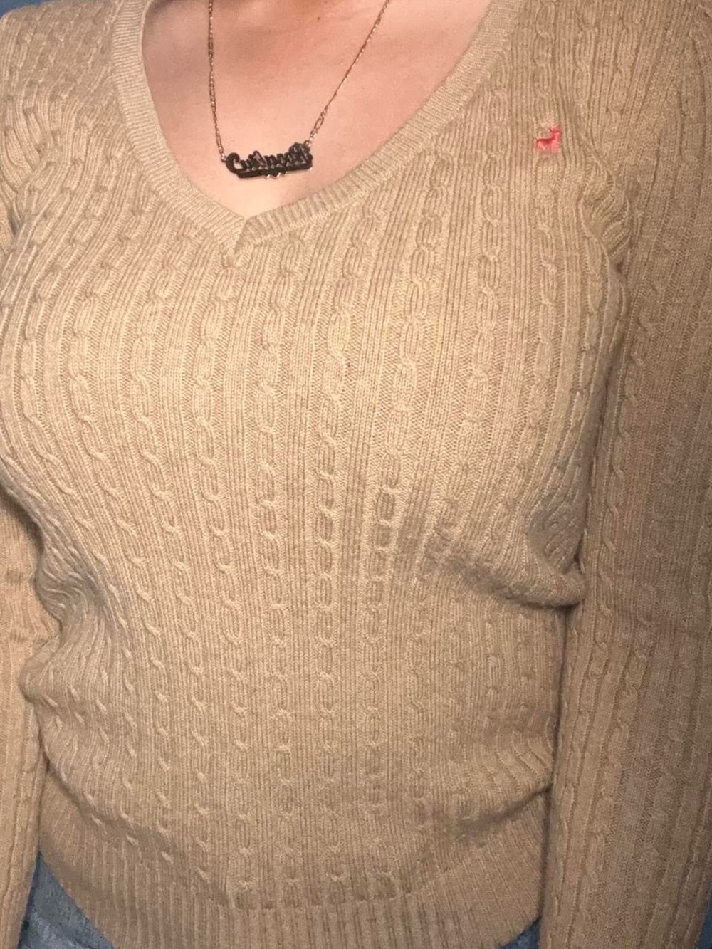 Cable-Knit V-Neck Sweater in Beige - Women